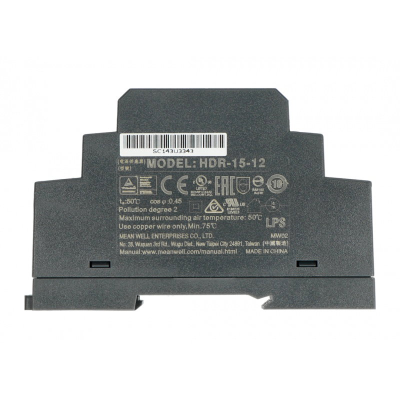 Mean Well HDR-15-12 Netzteil für eine Hutschiene - 12V / 1,25A