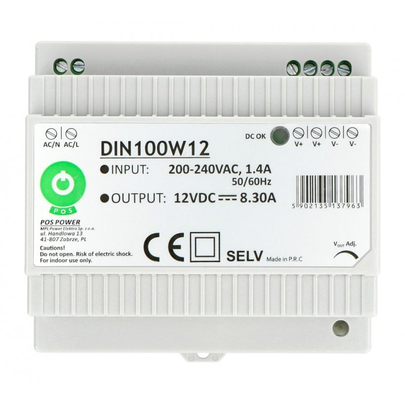 DIN100W12-Netzteil für eine DIN-Schiene - 12 V / 8,3 A / 100 W