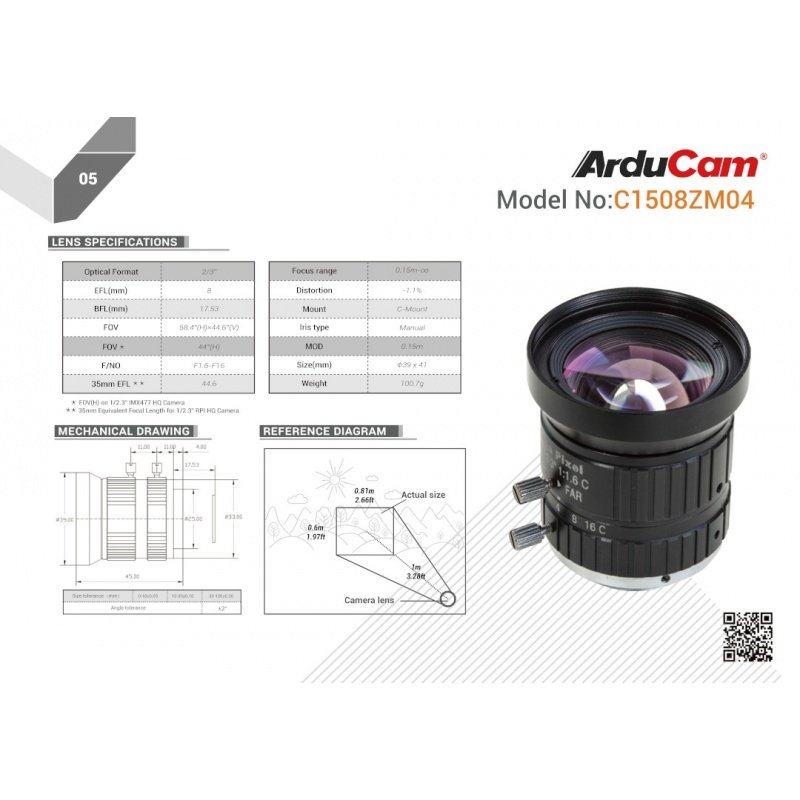 8 mm C-Mount-Objektiv - ArduCam LN043