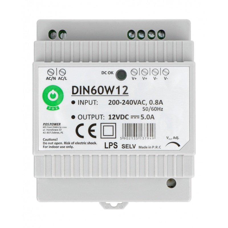 Netzteil DIN60W12 für eine DIN-Schiene - 12V / 5A / 60W
