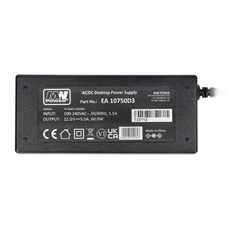 MW Power 12V / 5A Schaltnetzteil - DC 5,5 / 2,1mm Stecker