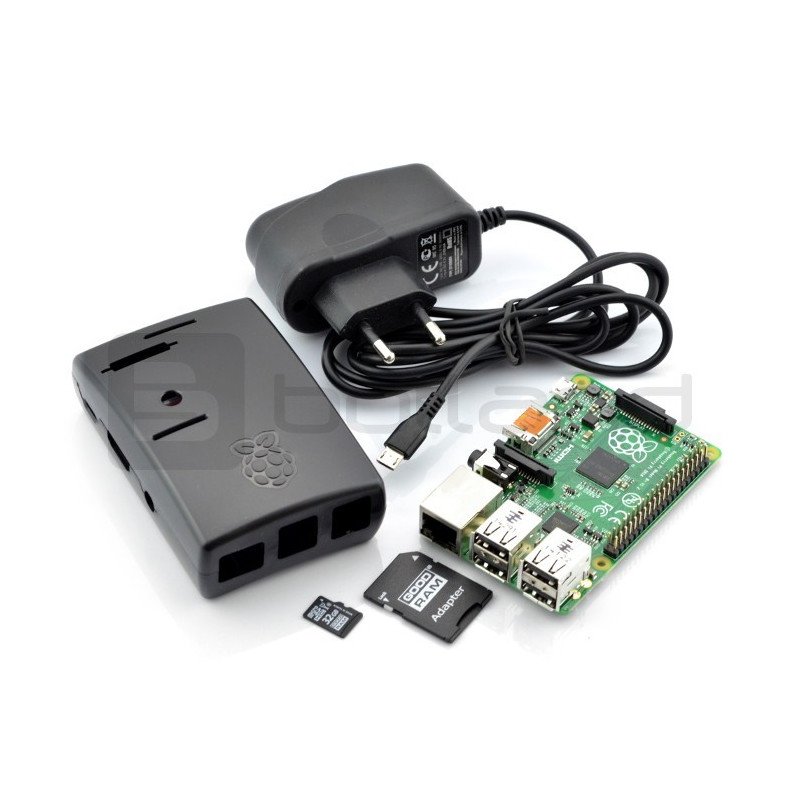 Set aus Raspberry Pi 2 Modell B + Gehäuse + Netzteil + Karte mit dem System