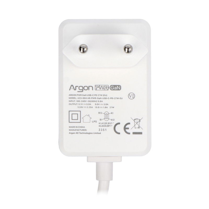Argon PWR GaN USB-C PD 27W (EU) for RPi 5 (WHITE)
