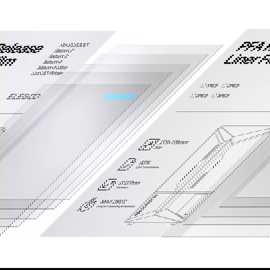 PFA-Folie für Elegoo Saturn 3D-Drucker - 273x176mm - 5 Stück.