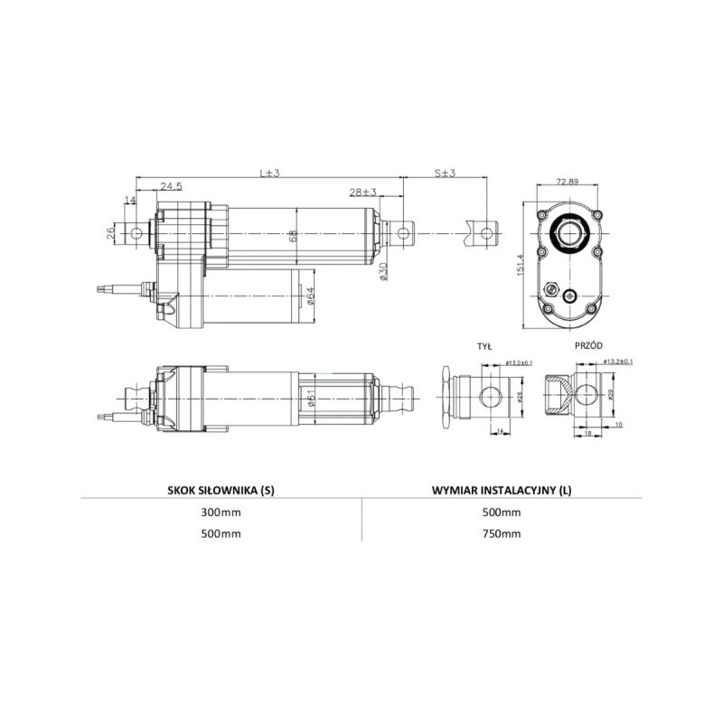 Siłownik liniowy 24V LA50 2000N 35mm/s 24V - wysuw 30 cm