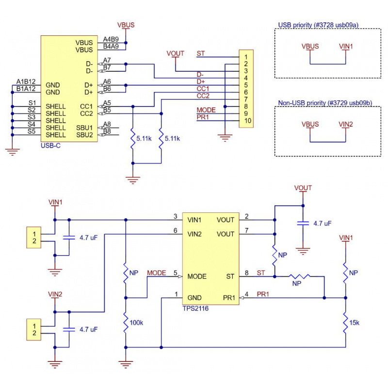 TPS2116 Power Multiplexer Carrier with USB Type-C Connector