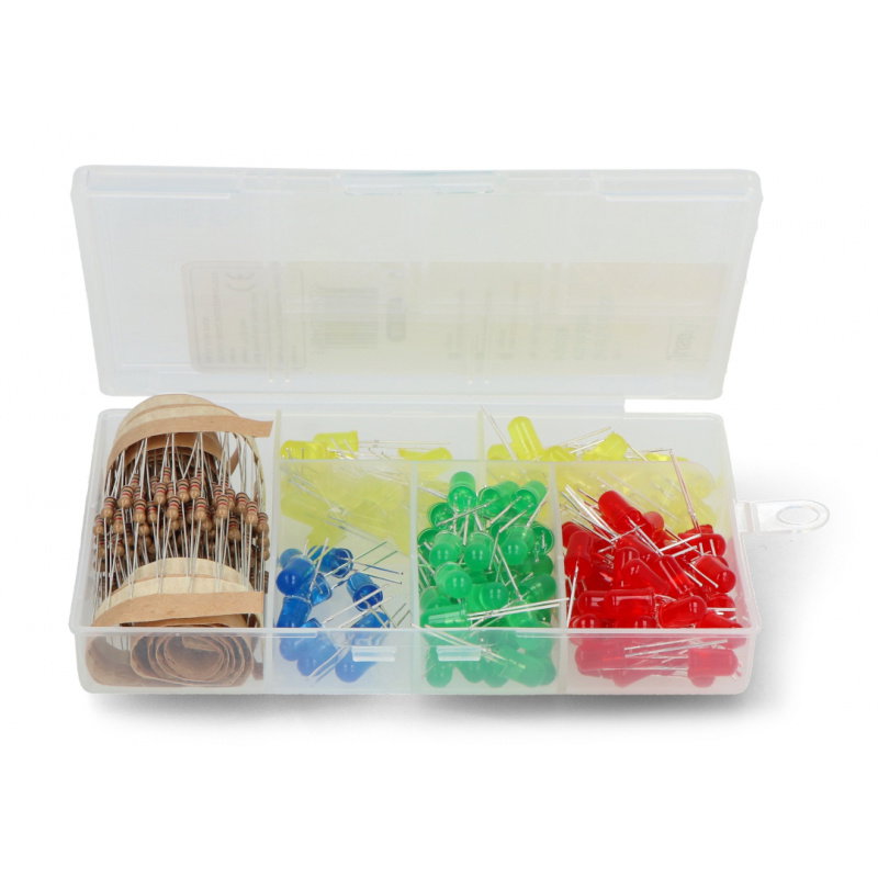 Zestaw diod LED 5mm 160szt. z rezystorami + organizer