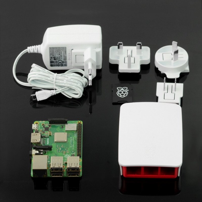 Raspberry Pi 3 B Starterkit + WLAN + rot-weißes Gehäuse + originales Netzteil + microSD-Karte