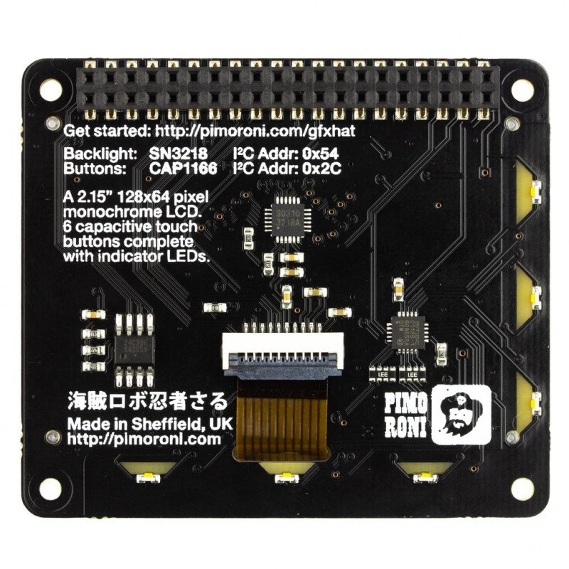 Pimoroni GFX HAT - Modul mit LCD 2,15 '' 128x64px mit RGB-Hintergrundbeleuchtung für Raspberry Pi