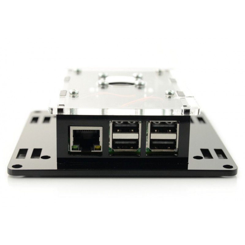 Raspberry Pi Modell 3B+ / 3B / 2B Vesa v2 Gehäuse zur Monitormontage - schwarz und transparent + Lüfter