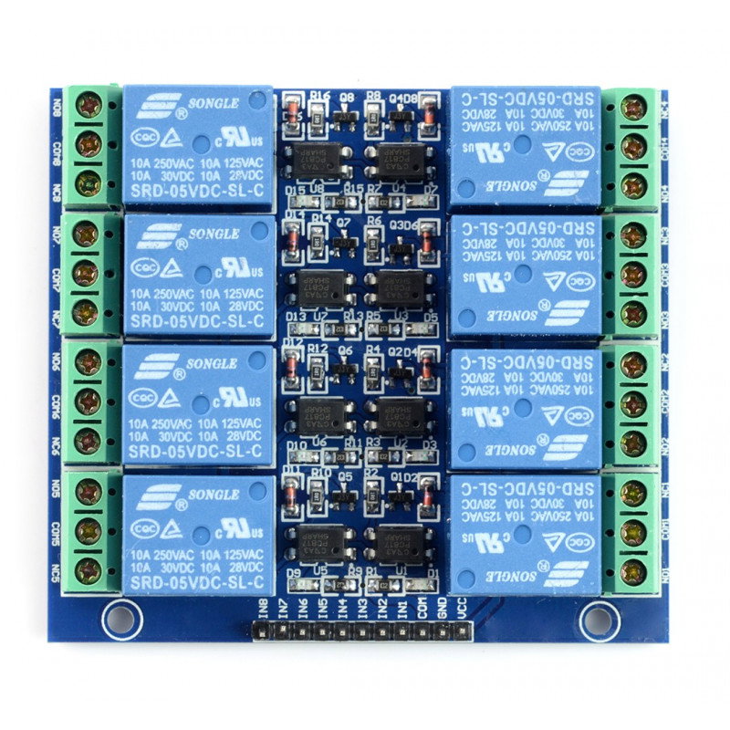 8-Kanal Relaismodul mit Optoisolation - 10A / 250VAC Kontakte - 5V Spule