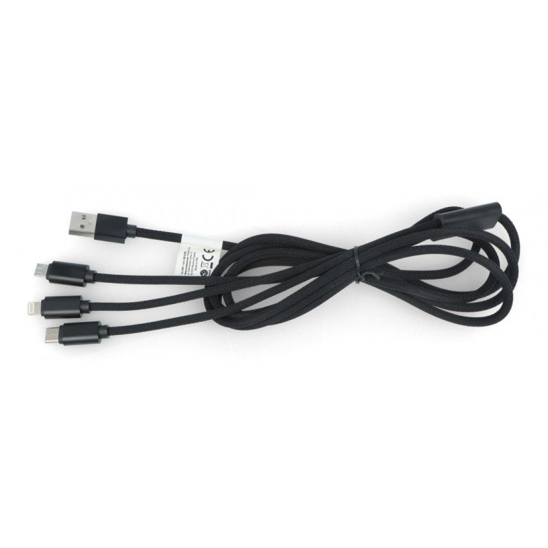 Lanberg Combo 3in1 USB Typ A Kabel - microUSB + Lightning + USB Typ C 2.0 schwarz, Materialgeflecht - 1,8m