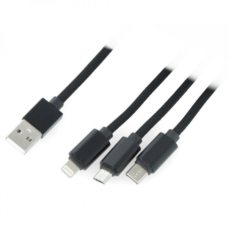 Lanberg Combo 3in1 USB Typ A Kabel - microUSB + Lightning + USB Typ C 2.0 schwarz, Materialgeflecht - 1,8m