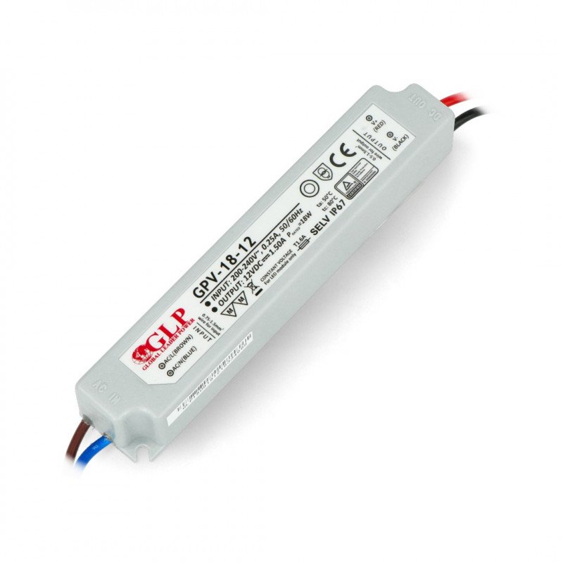 Netzteil für LED-Streifen und LED-Streifen wasserdicht GPV-18-12 - 12V / 1,5A / 18W
