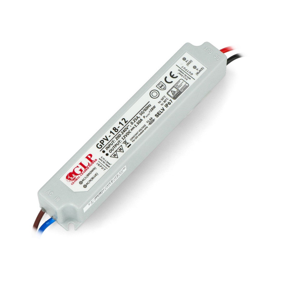 Netzteil für LED-Streifen und LED-Streifen wasserdicht GPV-18-12 - 12V / 1,5A / 18W