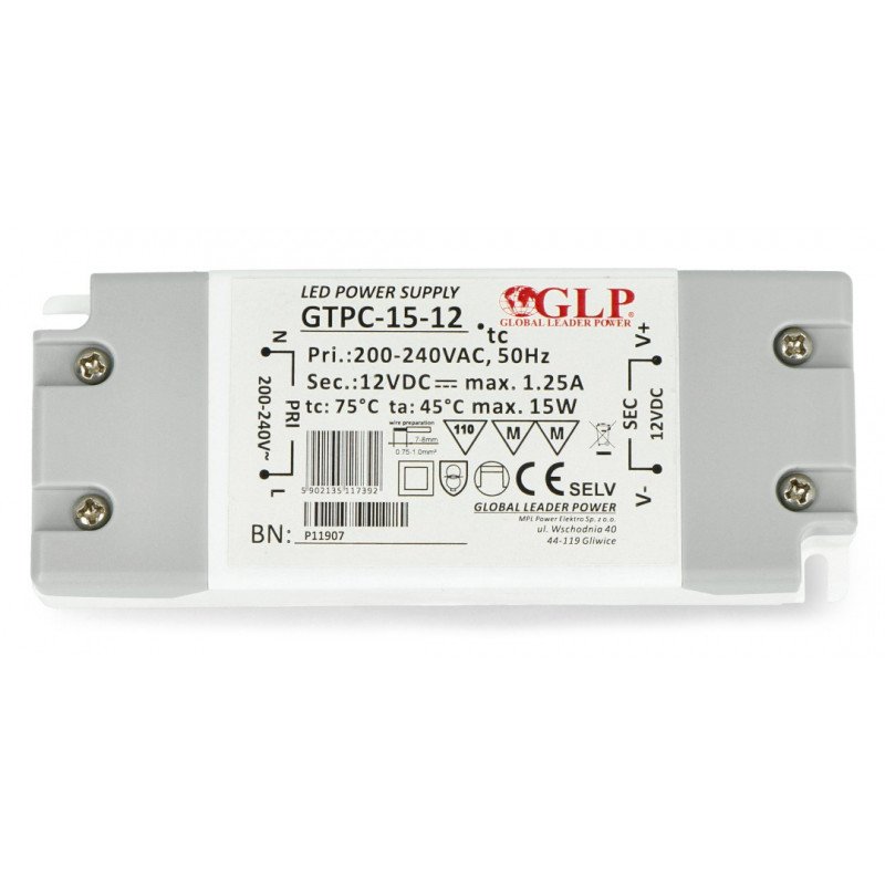 Schaltnetzteil für LED-Beleuchtung GTPC-15-12 - 12V / 1,25A / 15W