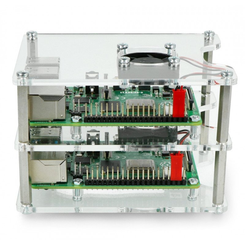 Gehäuse für zwei Raspberry Pi 4B / 3B+ / 3B / 2B / Zero - mit zwei Lüftern - offen V2 transparent