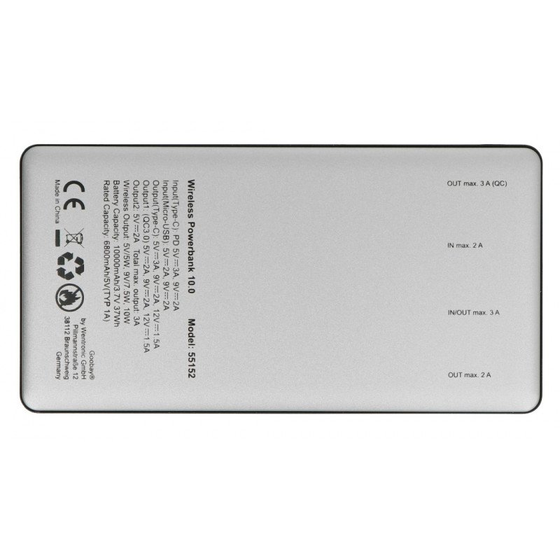 PowerBank Goobay Wireless 10.0 55152 Quick Charge 3.0 10000mAh mobiler Akku – Grau – Schwarz