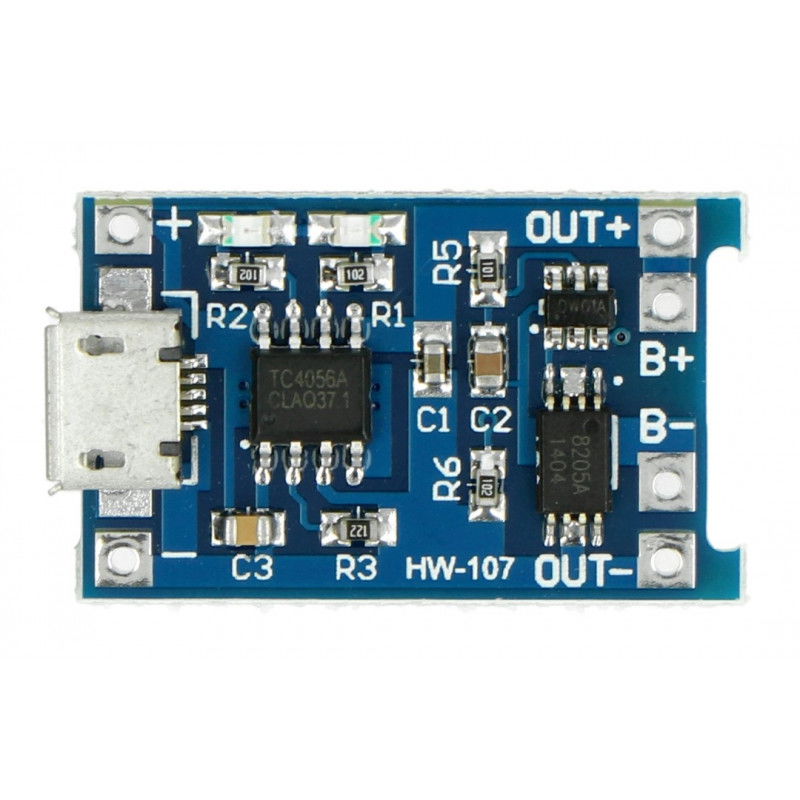 Li-Pol TP4056 Einzelzelle 1S 3.7V microUSB Ladegerät mit Sicherheitsfunktionen