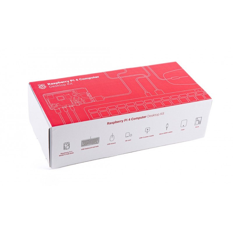 Desktop Kit Set aus Raspberry Pi 4B 4GB RAM mit Gehäuse, Tastatur und Maus in rot und weiß