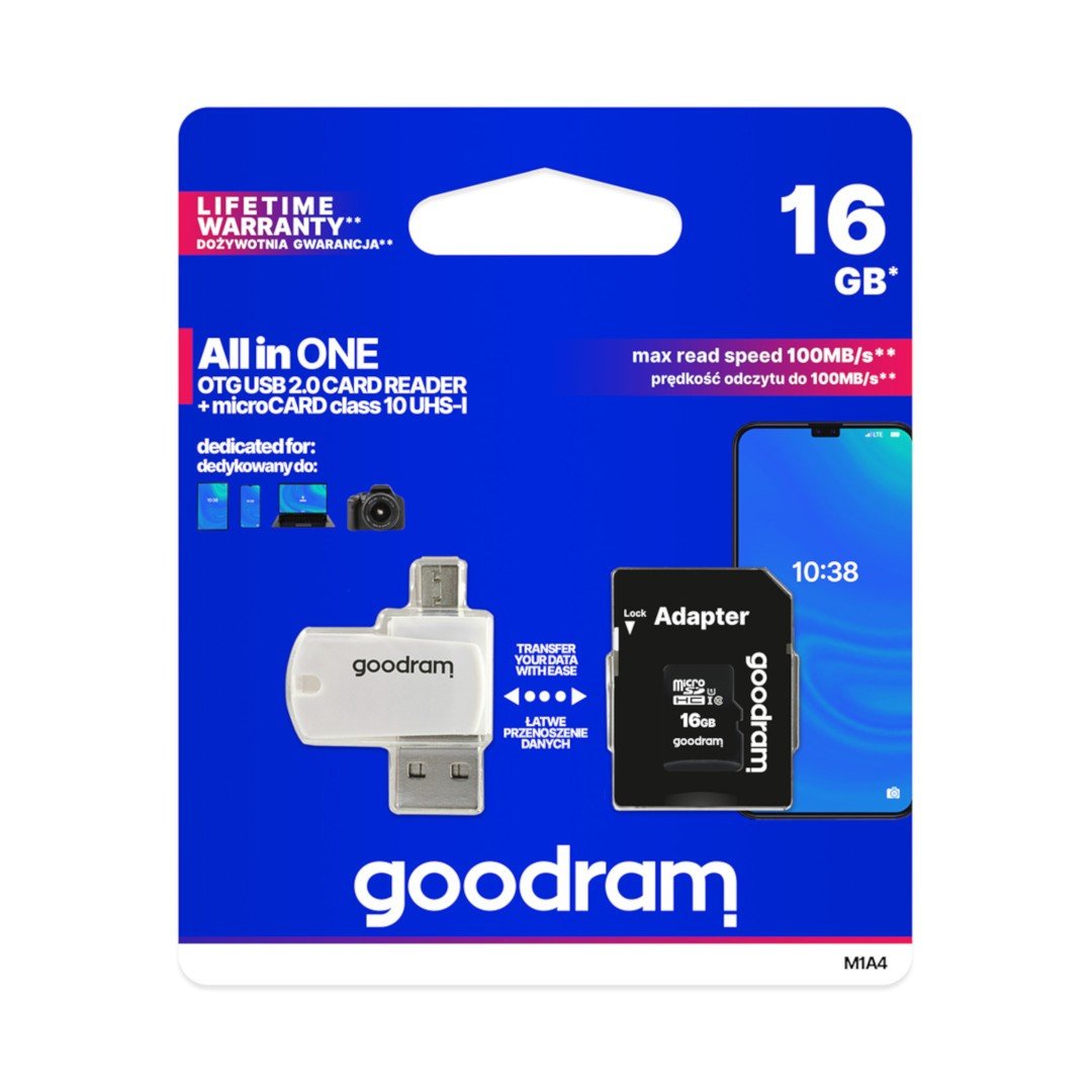 Goodram All in One - 16 GB Class 10 Micro SD / SDHC-Speicherkarte + Adapter + OTG-Lesegerät
