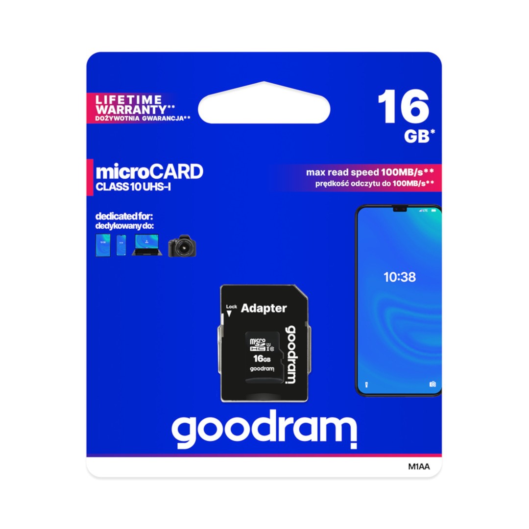 Goodram M1AA microSD 16GB 100MB/s UHS-I Klasse 10 Speicherkarte mit Adapter