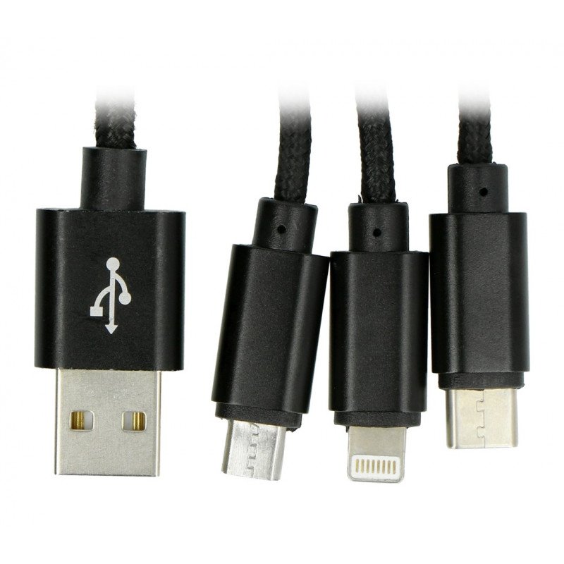 Maxlife Nylon 3in1 USB Typ A Kabel - microUSB + Lightning + USB Typ C - schwarz - 1m
