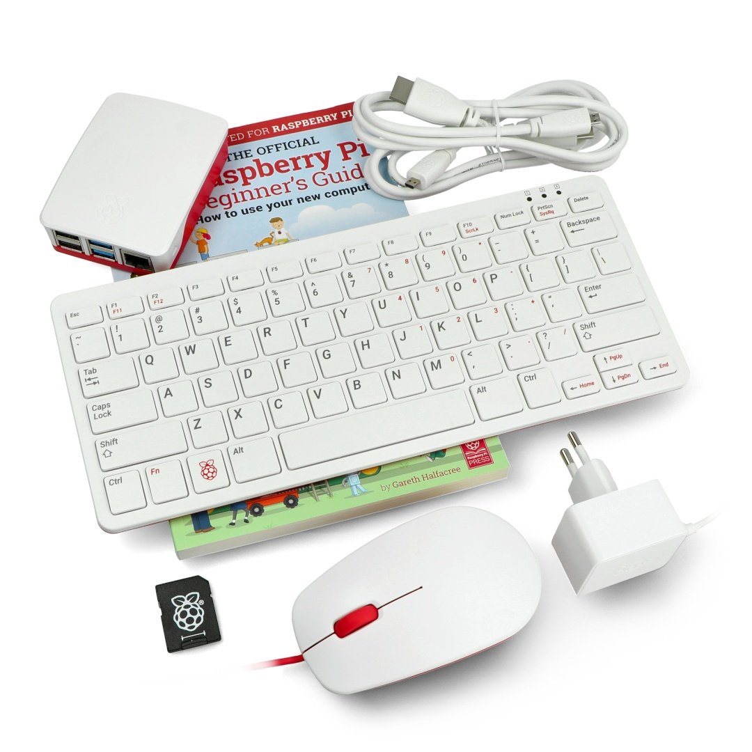 Desktop Kit Set aus Raspberry Pi 4B 4GB RAM mit Gehäuse, Tastatur und Maus in rot und weiß