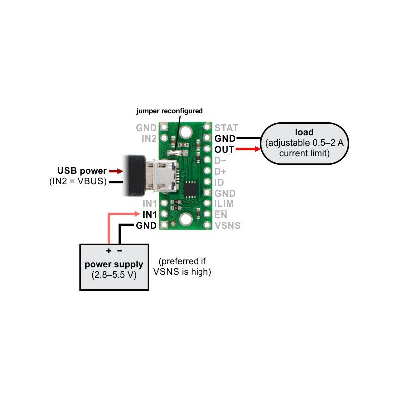 MicroUSB-Stromanschluss mit dem Multiplexer TPS2113A - Pololu