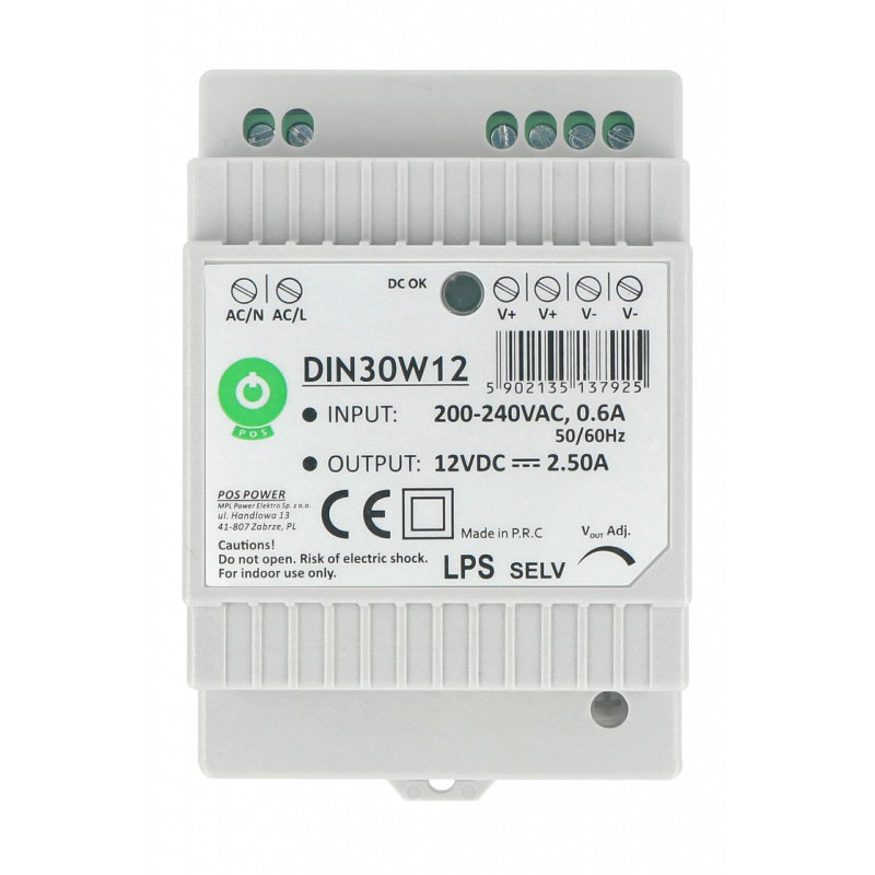 DIN30W12-Netzteil für eine DIN-Schiene - 12 V / 2,5 A / 30 W