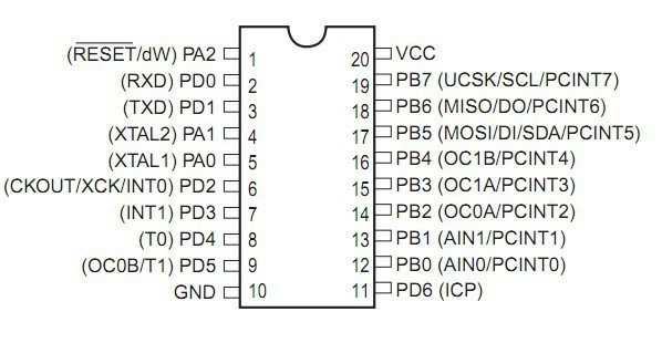 Leitungen des Mikrocontrollers ATtiny2313A-PU.