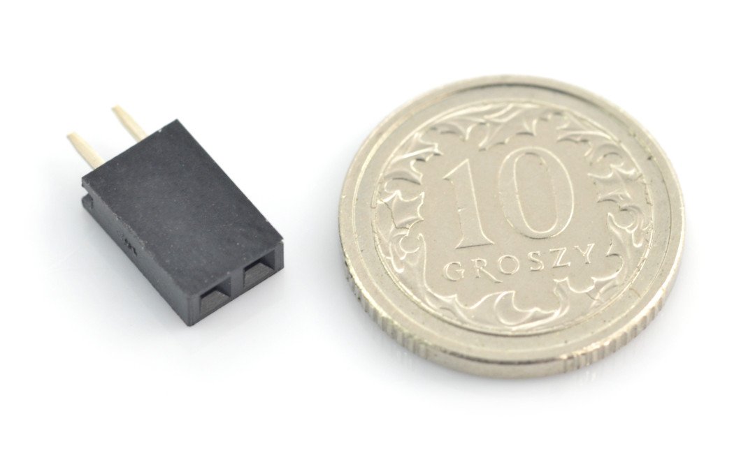 Vergleich der Größe einer geraden 1x2-Pin-Buchse mit einer Zehn-Penny-Münze