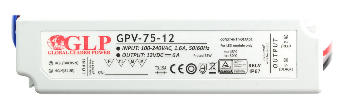 Stabilisiertes Netzteil für LED-Streifen GPV-75-12 - 12V / 6A / 72W - zusätzliche Informationen
