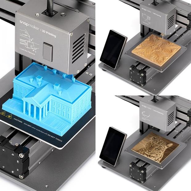Snapmaker kombiniert die Fähigkeiten eines Lasergravierers, einer CNC-Maschine und eines 3D-Druckers.