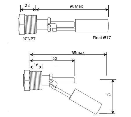 Technische Zeichnung und Abmessungen des magnetischen Flüssigkeitssensors CMW115