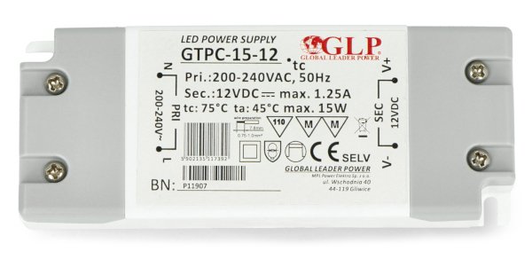 Schaltnetzteil für LED-Beleuchtung GLP GTPC-15-12 - 12 V / 1,25 A / 15 W