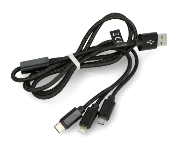Maxlife Nylon 3 in 1 USB Typ A Kabel - microUSB + Lightning + USB Typ C schwarz - 1 m