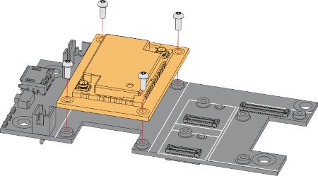 Die Abbildung zeigt die Installationsanweisungen für das WisBlock LPWAN-Entwicklungsmodul und das WiskBlock-Basisboard.