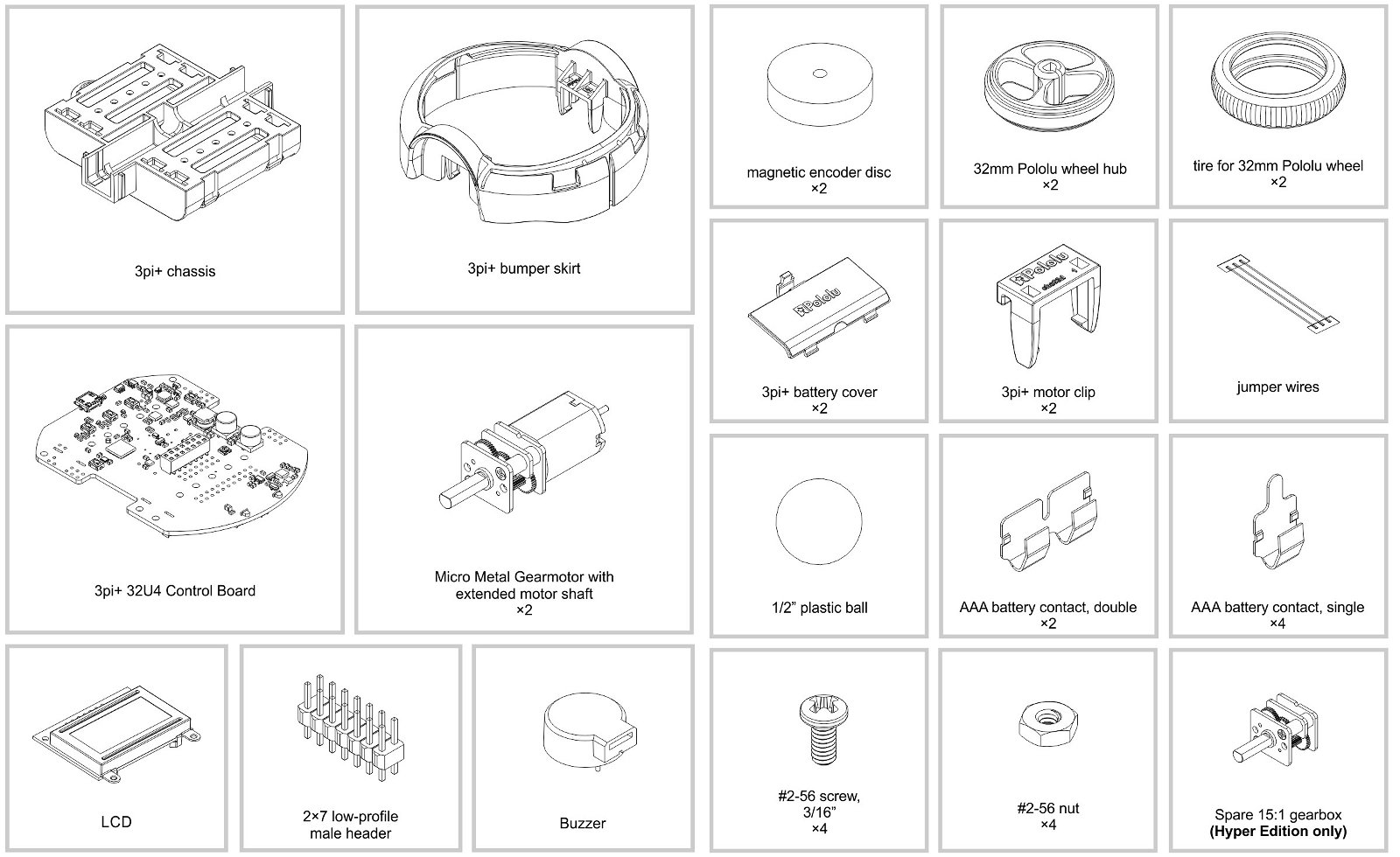 Inhalt des Roboter-Kits 3pi + Standard Edition
