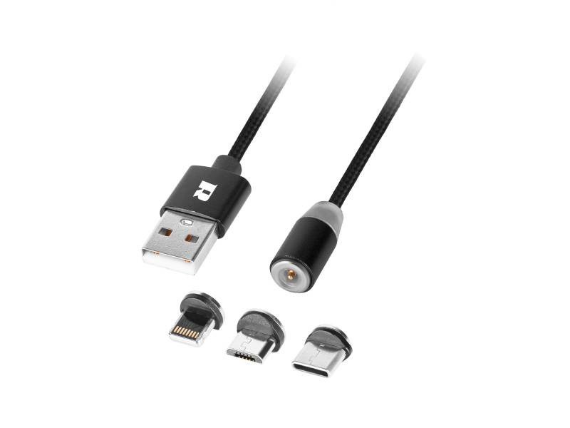 Rebel 3in1 Magnetkabel USB Typ A, MicroUSB, USB Typ C, Lightning - Schwarz, Material Geflecht - 1m