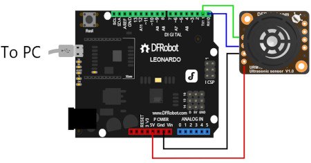 Ein Beispiel für die Verbindung des Sensors mit dem DFRobot Leonardo-Board - Arduino-Derivat. Die Platte ist nicht im Set enthalten, sie kann separat in unserem Shop erworben werden.