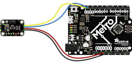 Anschlussplan des Sensors mit dem Metro-Board - das ist das Äquivalent von Arduino. Das Metro-Board ist nicht Bestandteil des Sets, es kann separat in unserem Shop erworben werden.