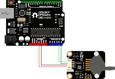 Beispielhaftes Anschlussdiagramm unter Verwendung des Gravity-Anschlusses und des DFRduino-Boards.