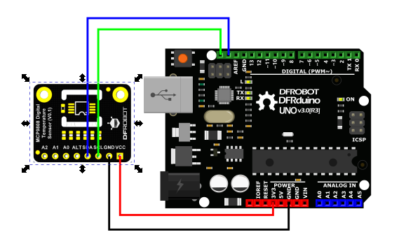 Anschlussplan des Sensors mit dem DFRduino-Board - das ist das Äquivalent von Arduino. Der Teller ist nicht Bestandteil des Sets, er kann separat in unserem Shop erworben werden.