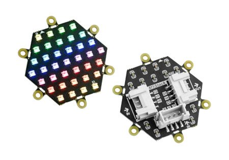 Neo Hex - sechseckige Platte mit 37x LED-RGB-Dioden - Vorder- und Rückansicht.