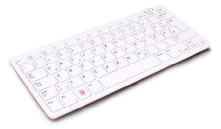 Biała klawiatura z wbudowanym komputerem raspberry pi 400 leży na białym tle.
