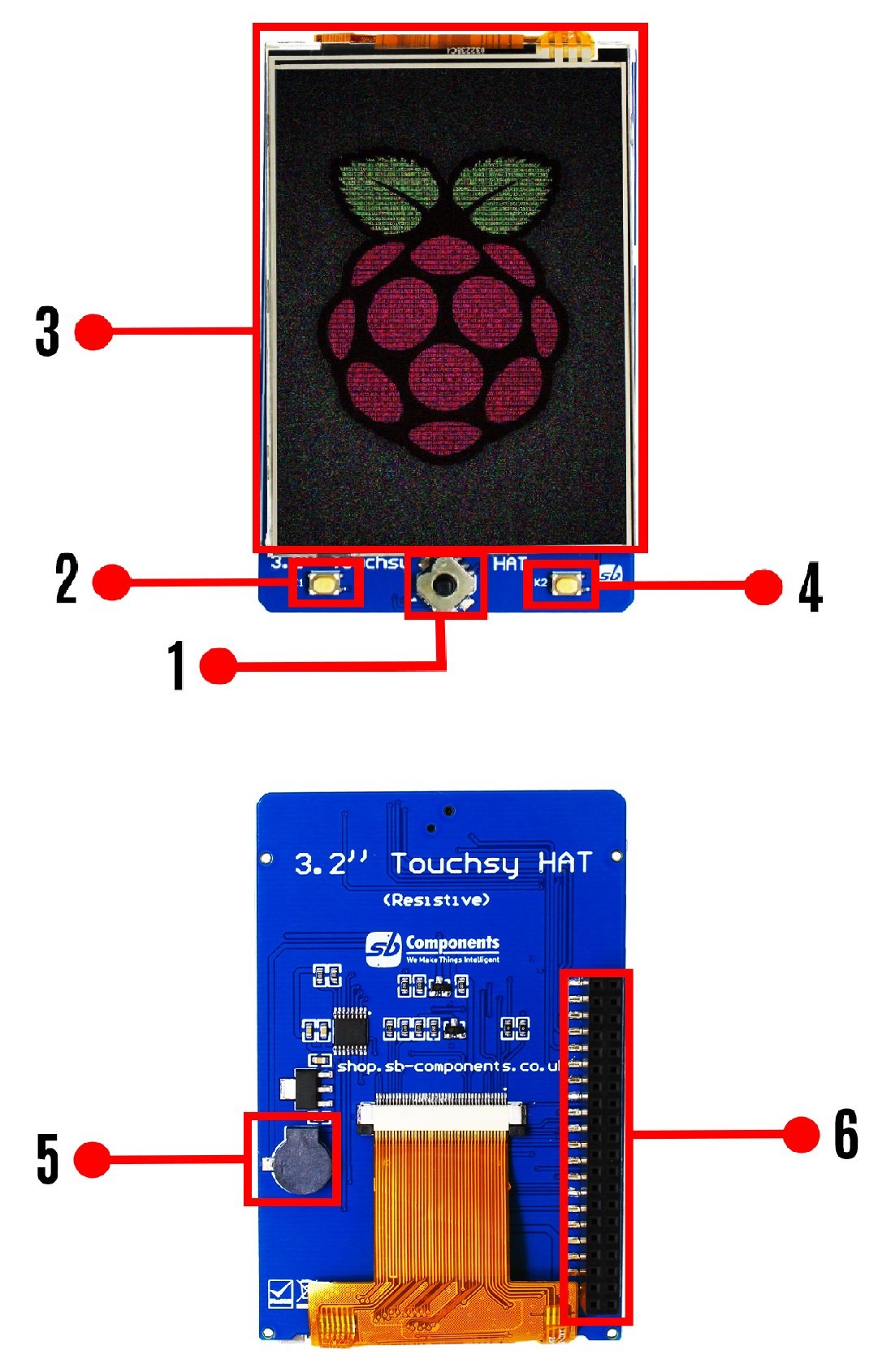 Touchsy HAT - nakładka z dotykowym wyświetlaczem LCD 3,2'' 320 x 240 px do Raspberry Pi - SB Components 26418 - rozmieszczenie elementów na płytce