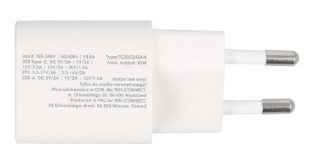 Zasilacz USB A USB C - 5 V - 20 V / 1,5 A - 3 A - biały - eXtreme TC30CUGAN