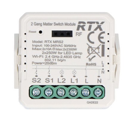 Przekaźnik 2-kanałowy dopuszkowy 10A - WiFi - Matter - aplikacja Android/iOS - RTX MRS2