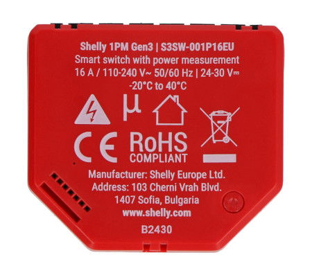 Shelly 1PM Gen3 - 1x Relais AC 110 - 240 V, DC 24 - 30 V, WiFi / Bluetooth 16 A - Energiemessung - Android / iOS App